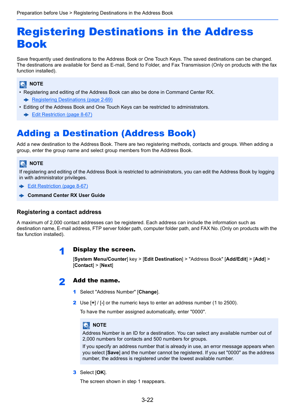 Registering destinations in the address book, Adding a destination (address book), Registering destinations in the address book -22 | Adding a destination (address book) -22 | Kyocera Taskalfa 3511i User Manual | Page 165 / 610