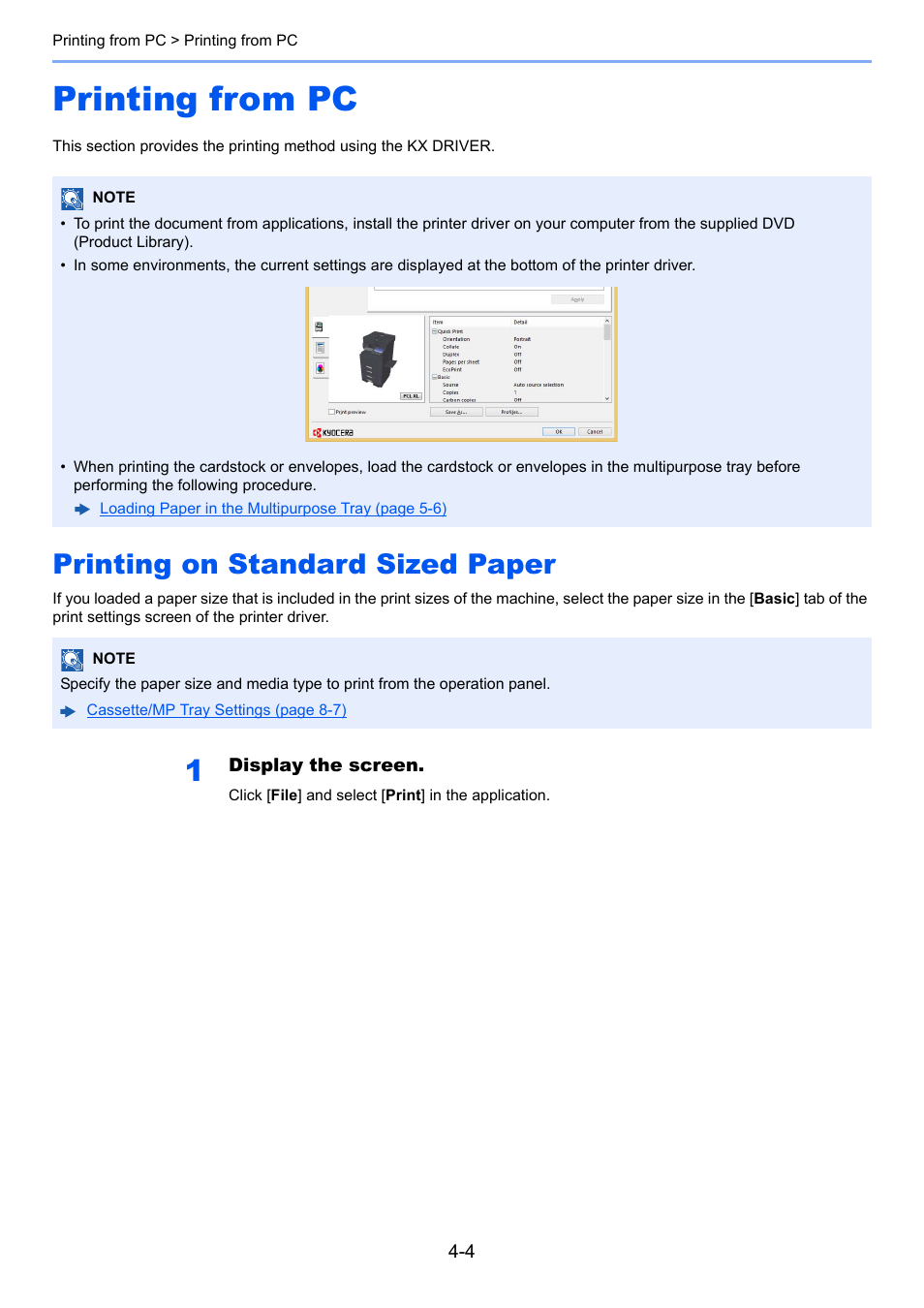 Printing from pc, Printing on standard sized paper, Printing from pc -4 | Printing on standard sized paper -4 | Kyocera Taskalfa 3511i User Manual | Page 177 / 610