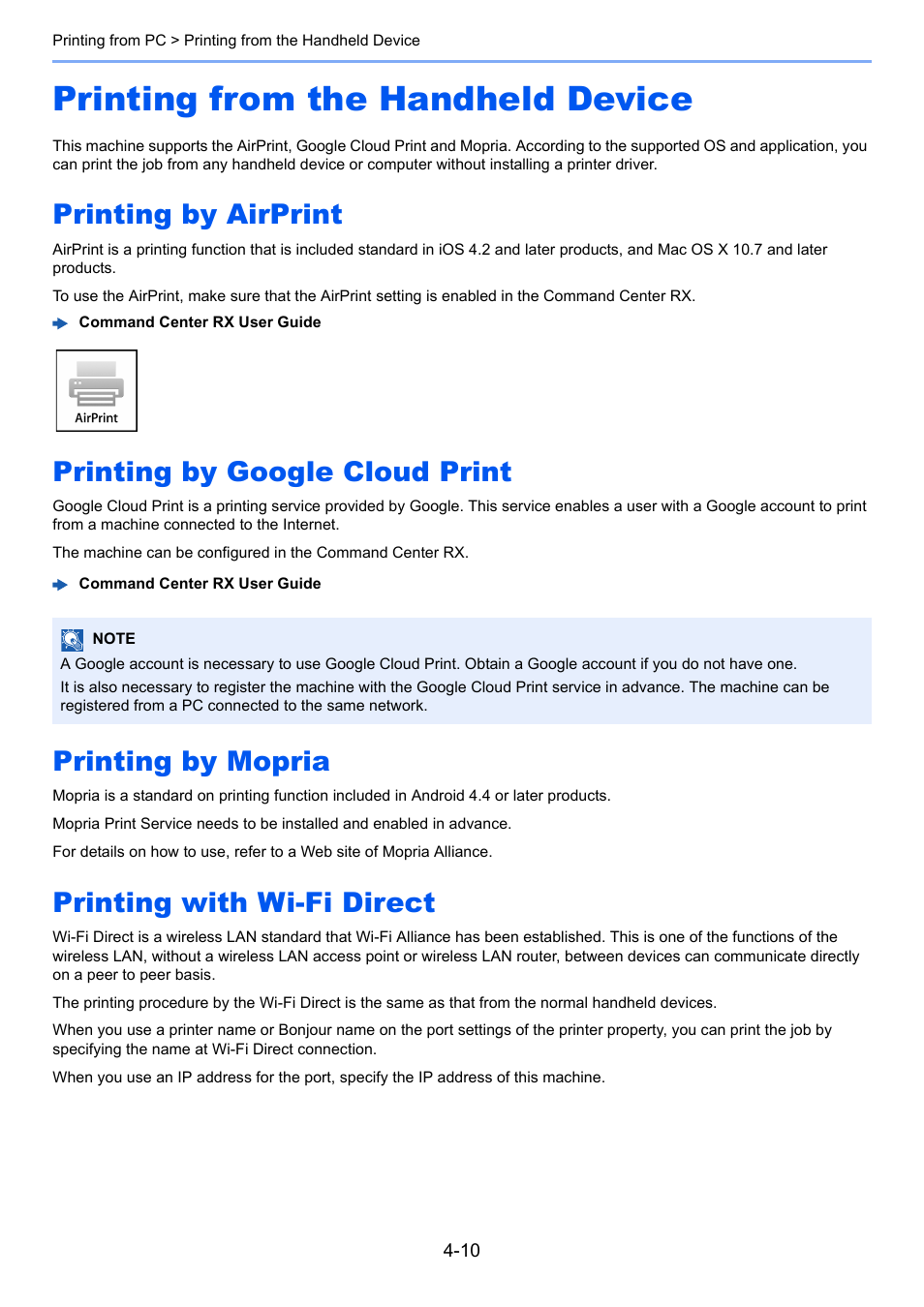 Printing from the handheld device, Printing by airprint, Printing by google cloud print | Printing by mopria, Printing with wi-fi direct, Printing from the handheld device -10 | Kyocera Taskalfa 3511i User Manual | Page 183 / 610