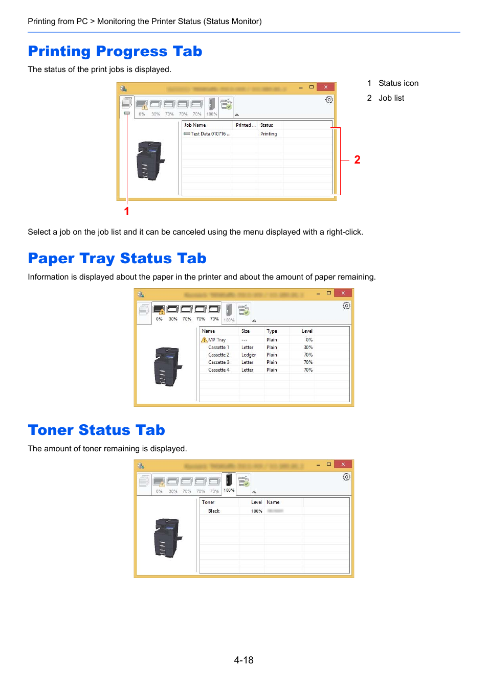 Printing progress tab, Paper tray status tab, Toner status tab | Kyocera Taskalfa 3511i User Manual | Page 191 / 610