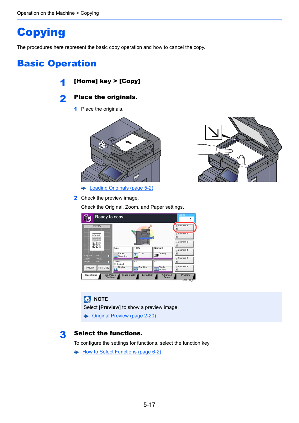 Copying, Basic operation, Copying -17 | Basic operation -17, Home] key > [copy, Place the originals, Select the functions, Operation on the machine > copying | Kyocera Taskalfa 3511i User Manual | Page 210 / 610