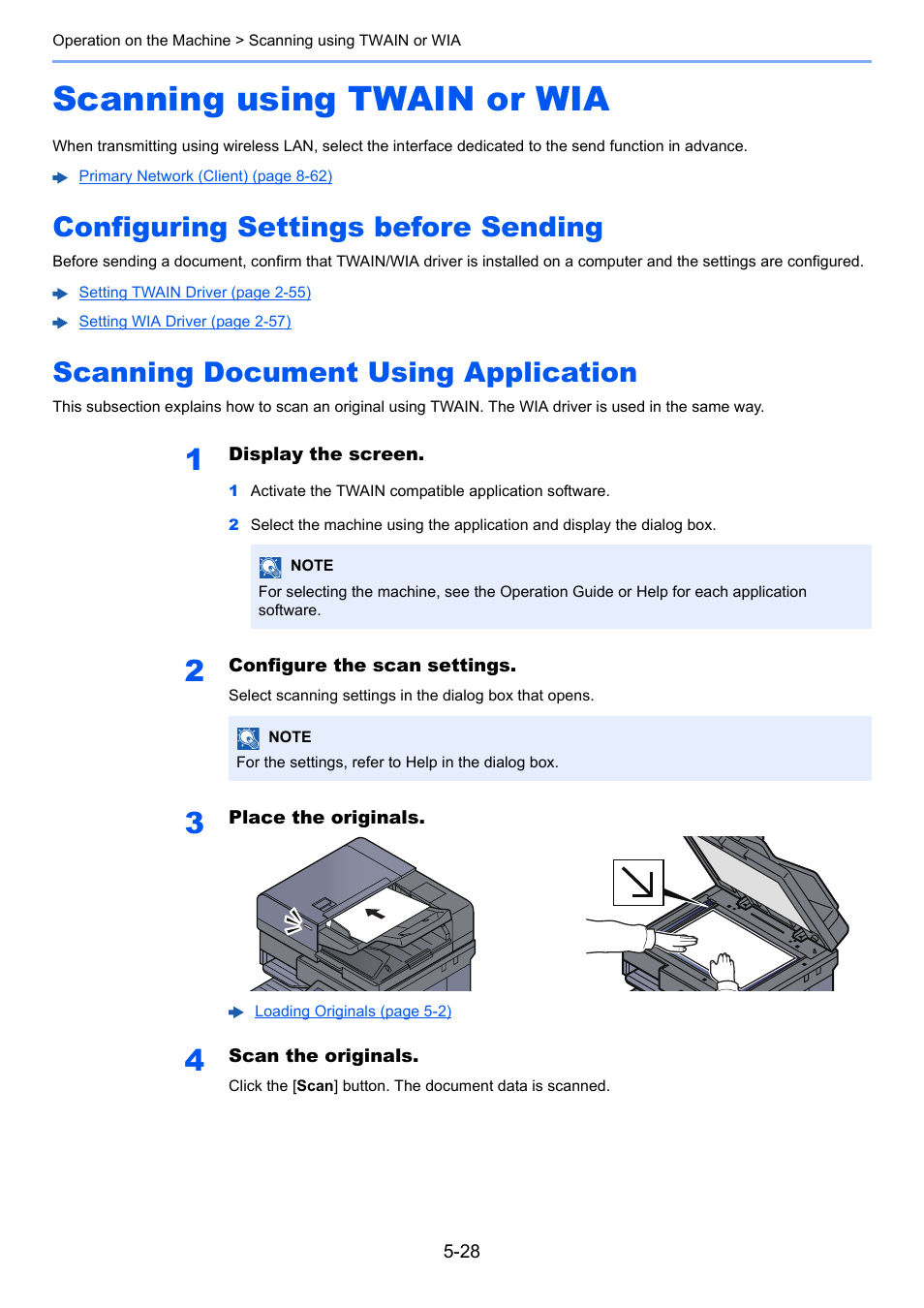 Scanning using twain or wia, Configuring settings before sending, Scanning document using application | Scanning using twain or wia -28, Configuring settings before sending 5-28, Scanning document using, Application -28 | Kyocera Taskalfa 3511i User Manual | Page 221 / 610