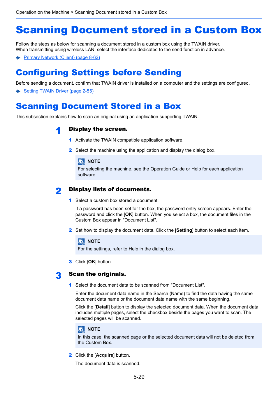 Scanning document stored in a custom box, Configuring settings before sending, Scanning document stored in a box | Scanning document stored in a custom box -29, Configuring settings before sending 5-29, Scanning document stored in a box 5-29 | Kyocera Taskalfa 3511i User Manual | Page 222 / 610