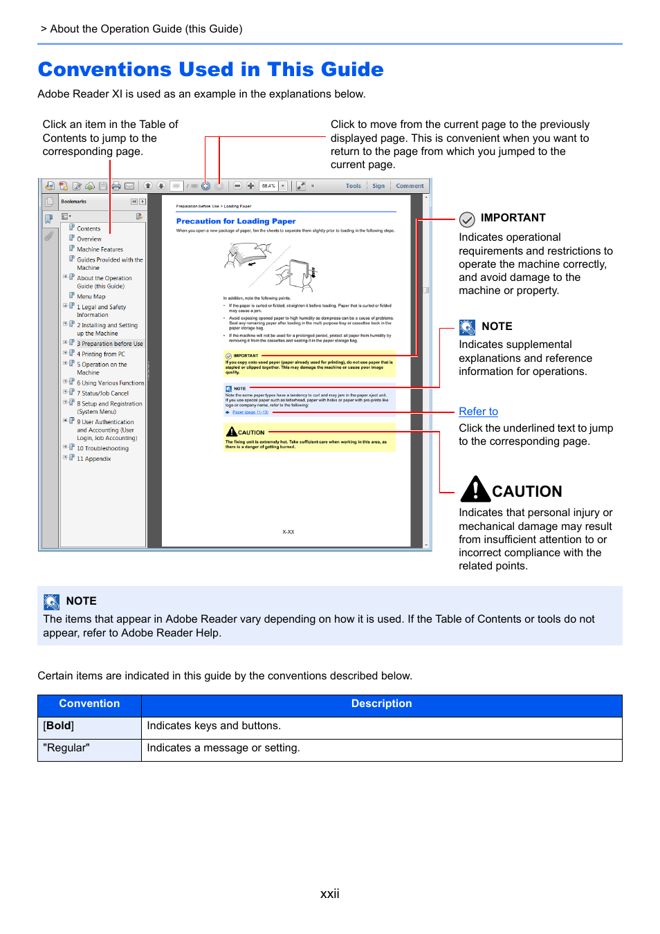 Conventions used in this guide, Caution | Kyocera Taskalfa 3511i User Manual | Page 23 / 610