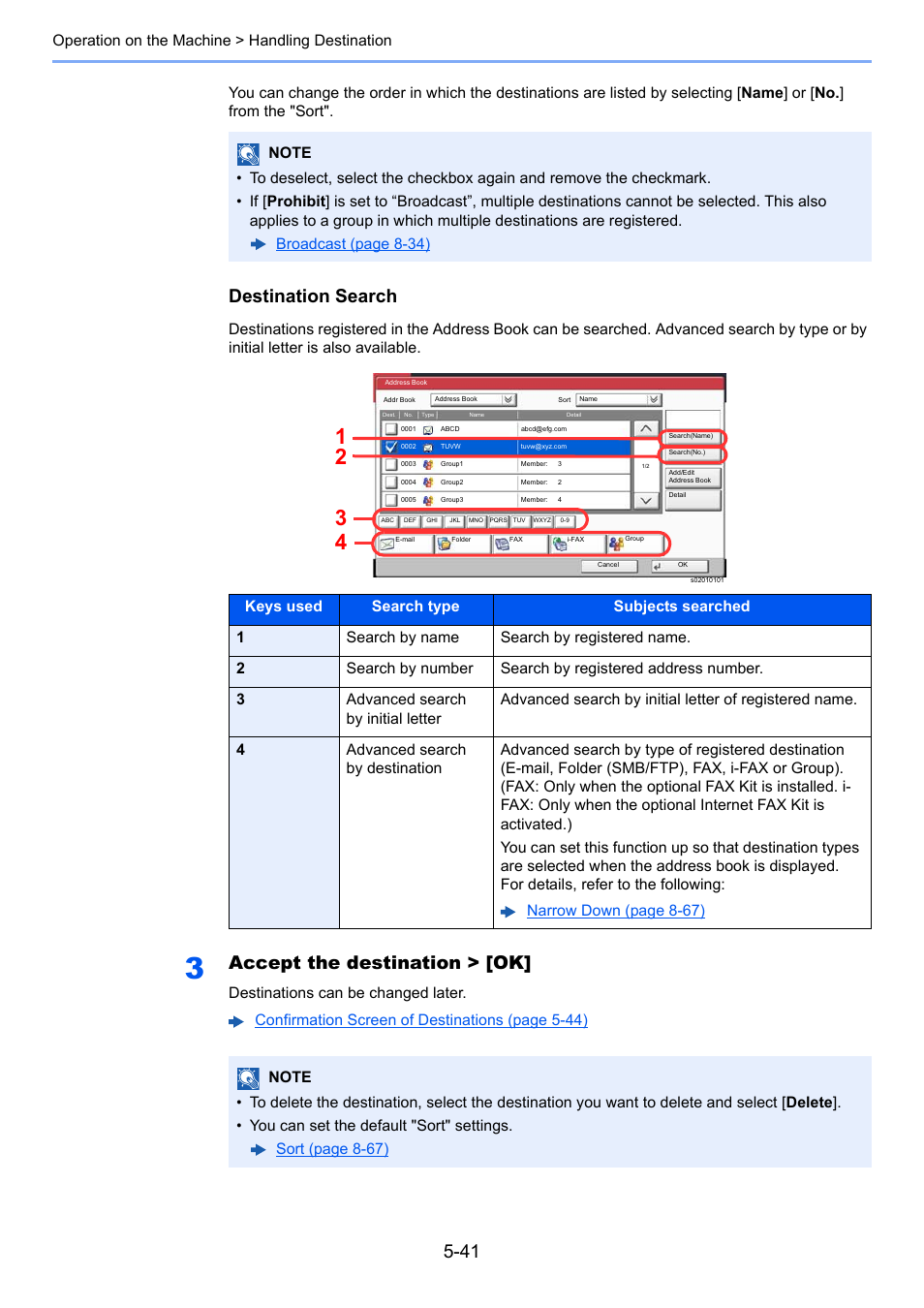 Destination search, Accept the destination > [ok | Kyocera Taskalfa 3511i User Manual | Page 234 / 610