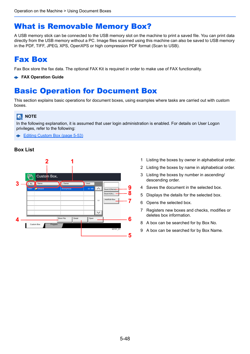 What is removable memory box, Fax box, Basic operation for document box | What is removable memory box? -48 fax box -48, Basic operation for document box -48, What is removable memory box? -48, Fax box -48, Box list | Kyocera Taskalfa 3511i User Manual | Page 241 / 610