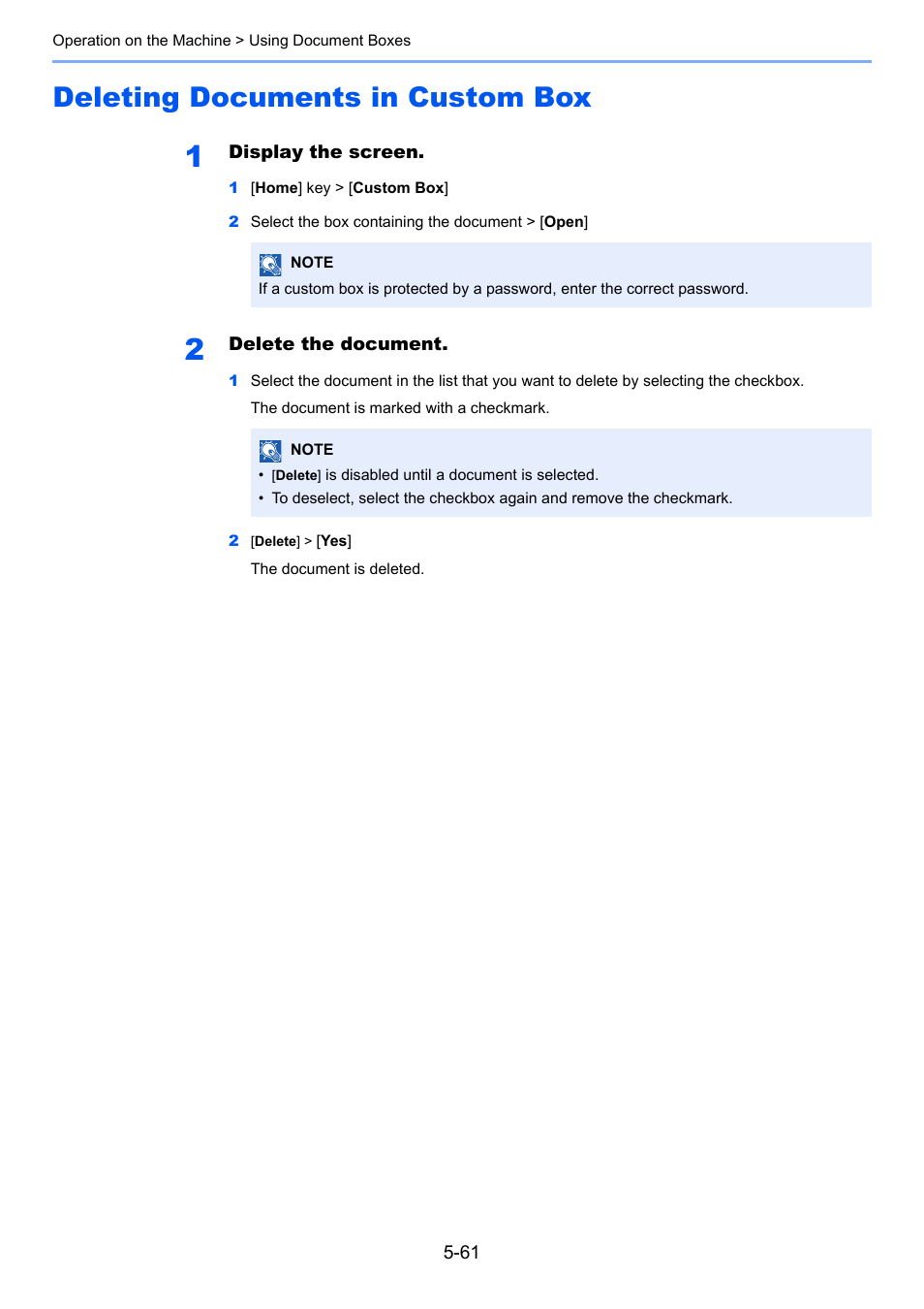 Deleting documents in custom box, Deleting documents in custom box -61, Delete | Deleting documents in custom box . 5-61 | Kyocera Taskalfa 3511i User Manual | Page 254 / 610