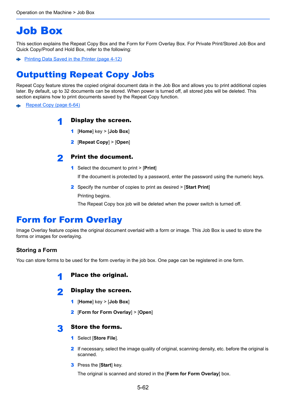 Job box, Outputting repeat copy jobs, Form for form overlay | Job box -62, Outputting repeat copy jobs -62, Form for form overlay -62 | Kyocera Taskalfa 3511i User Manual | Page 255 / 610