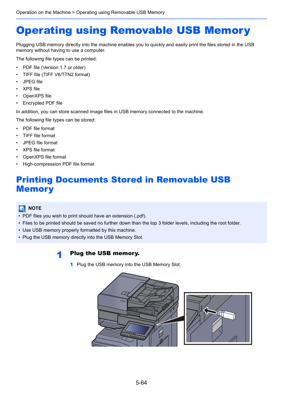 Operating using removable usb memory, Printing documents stored in removable usb memory, Operating using removable usb memory -64 | Operating using removable usb memory . 5-64, Printing documents stored in, Removable usb memory -64 | Kyocera Taskalfa 3511i User Manual | Page 257 / 610