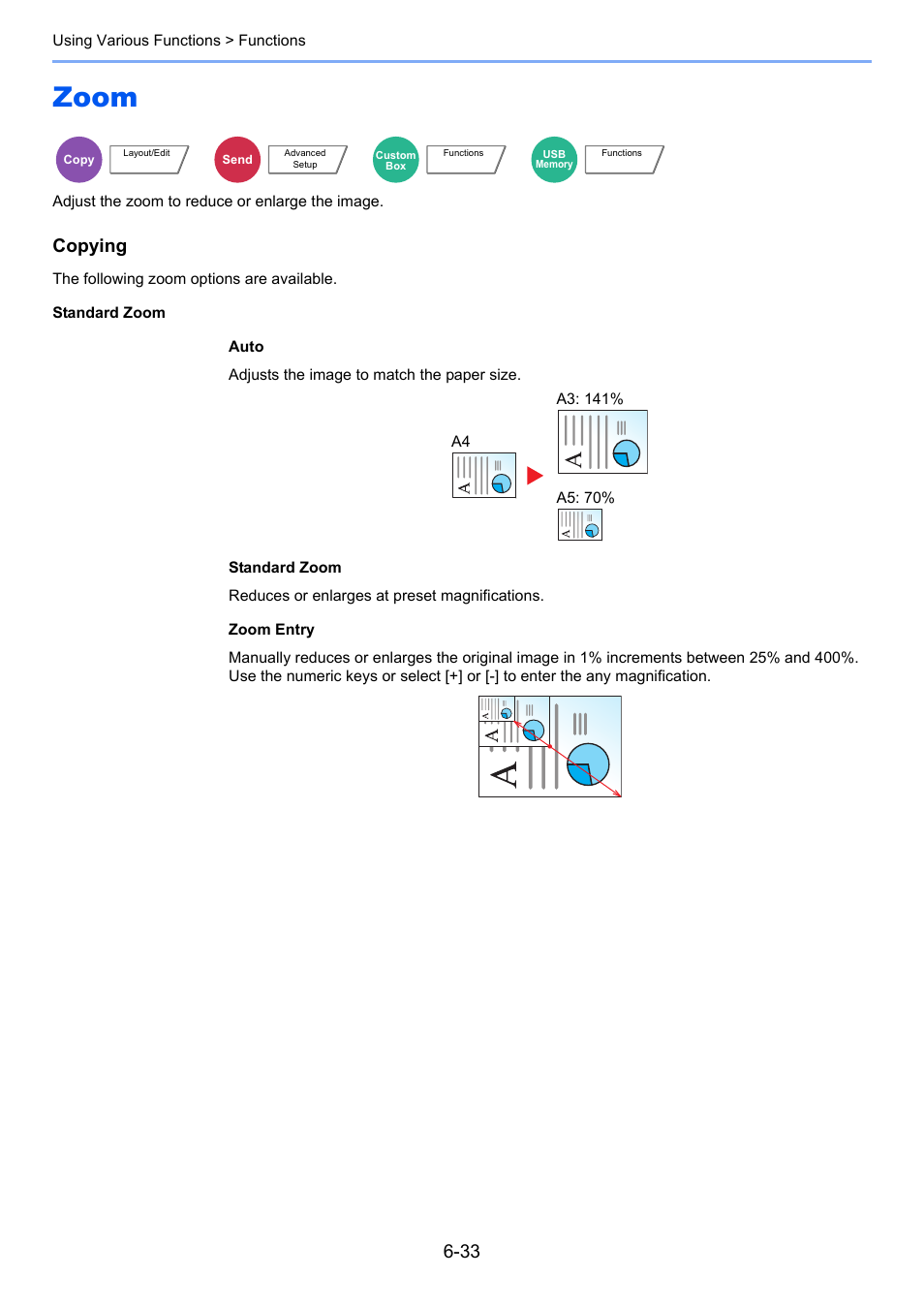 Zoom, Zoom -33, Adjust the zoom to reduce or enlarge the image | Copying | Kyocera Taskalfa 3511i User Manual | Page 297 / 610