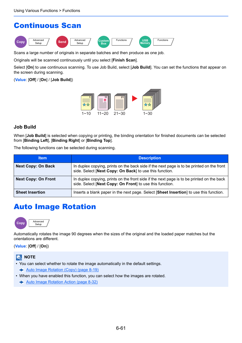 Continuous scan, Auto image rotation, Continuous scan -61 auto image rotation -61 | Job build | Kyocera Taskalfa 3511i User Manual | Page 325 / 610