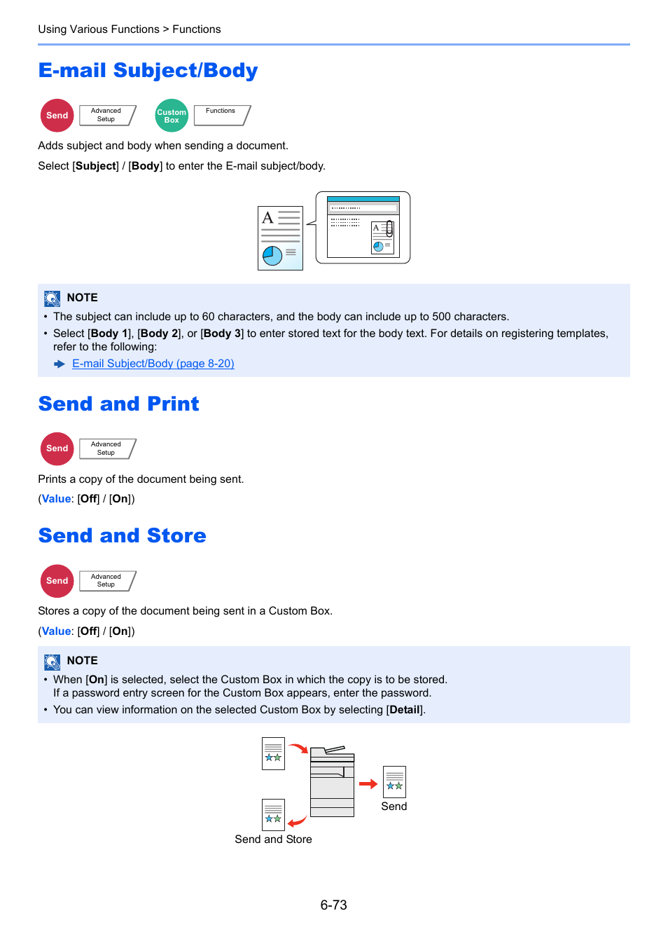 E-mail subject/body, Send and print, Send and store | Prints a copy of the document being sent, Adds subject and body when sending a document | Kyocera Taskalfa 3511i User Manual | Page 337 / 610