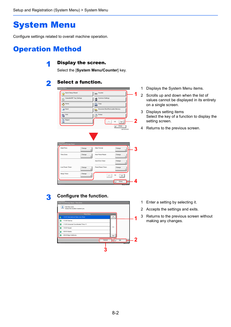 System menu, Operation method, System menu -2 | Operation method -2, Display the screen, Select a function, Configure the function, Setup and registration (system menu) > system menu, Select the [ system menu/counter ] key | Kyocera Taskalfa 3511i User Manual | Page 356 / 610