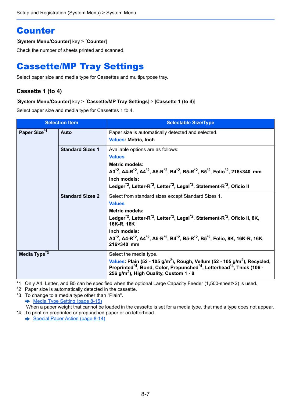 Counter, Cassette/mp tray settings, Counter -7 cassette/mp tray settings -7 | Te 1, Te 2, Te 3, Te 4, Cassette 1 (to 4) | Kyocera Taskalfa 3511i User Manual | Page 361 / 610