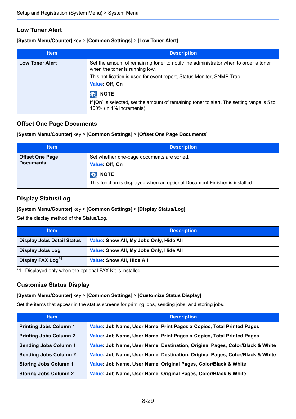 Low toner alert, Display status/log, Set the display method of the status/log | Offset one page documents, Customize status display | Kyocera Taskalfa 3511i User Manual | Page 383 / 610