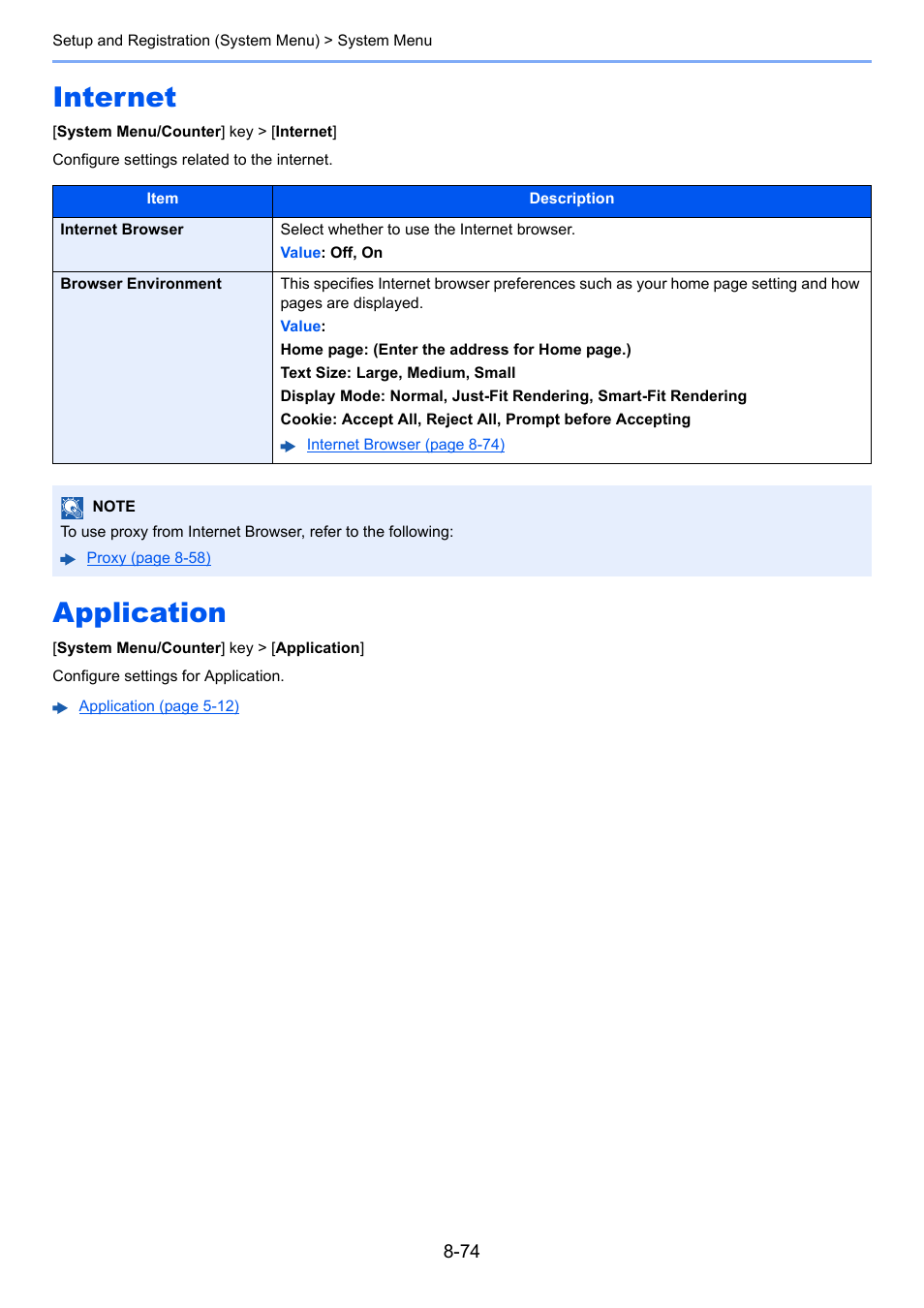 Internet, Application, Internet -74 application -74 | Configure settings related to the internet, Configure settings for application | Kyocera Taskalfa 3511i User Manual | Page 428 / 610