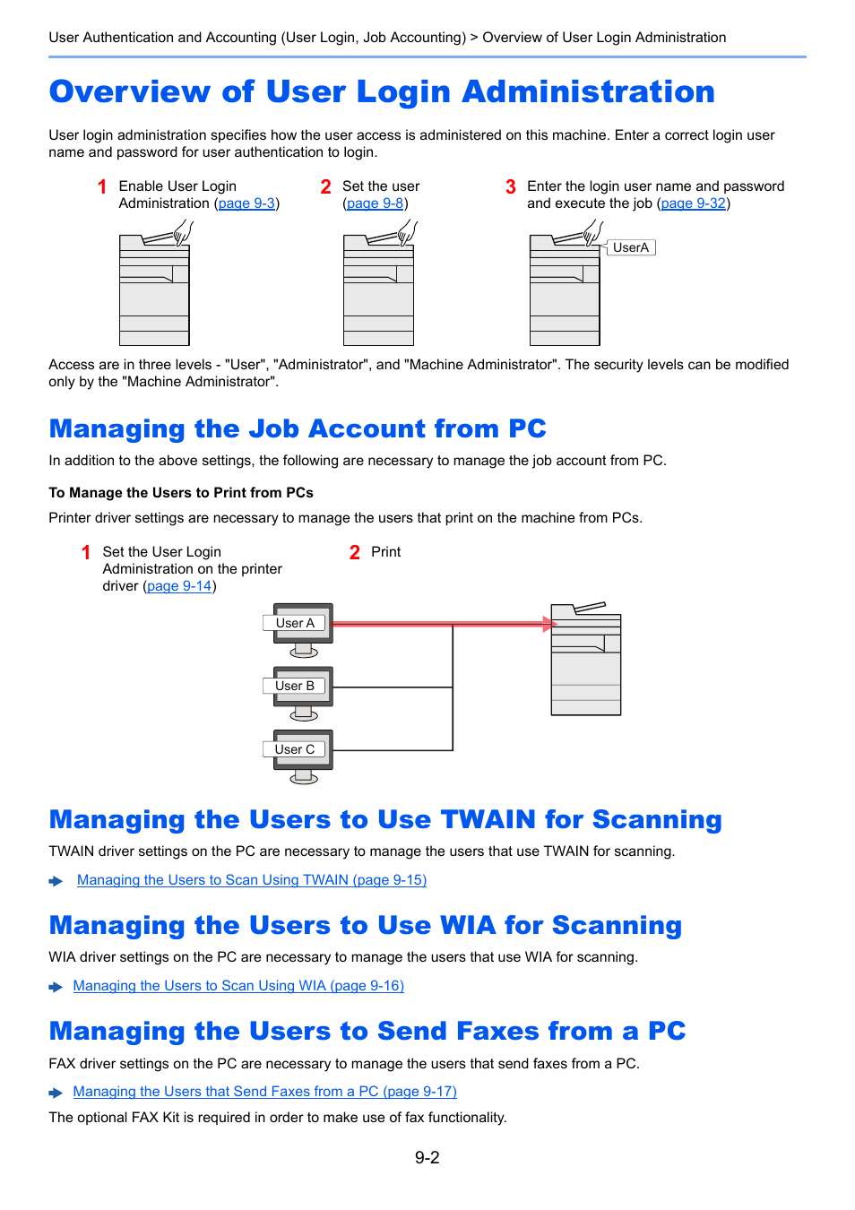 Overview of user login administration, Managing the job account from pc, Managing the users to use twain for scanning | Managing the users to use wia for scanning, Managing the users to send faxes from a pc, Overview of user login administration -2, For scanning -2 managing the users to use wia for, Scanning -2 managing the users to send faxes, From a pc -2 | Kyocera Taskalfa 3511i User Manual | Page 430 / 610