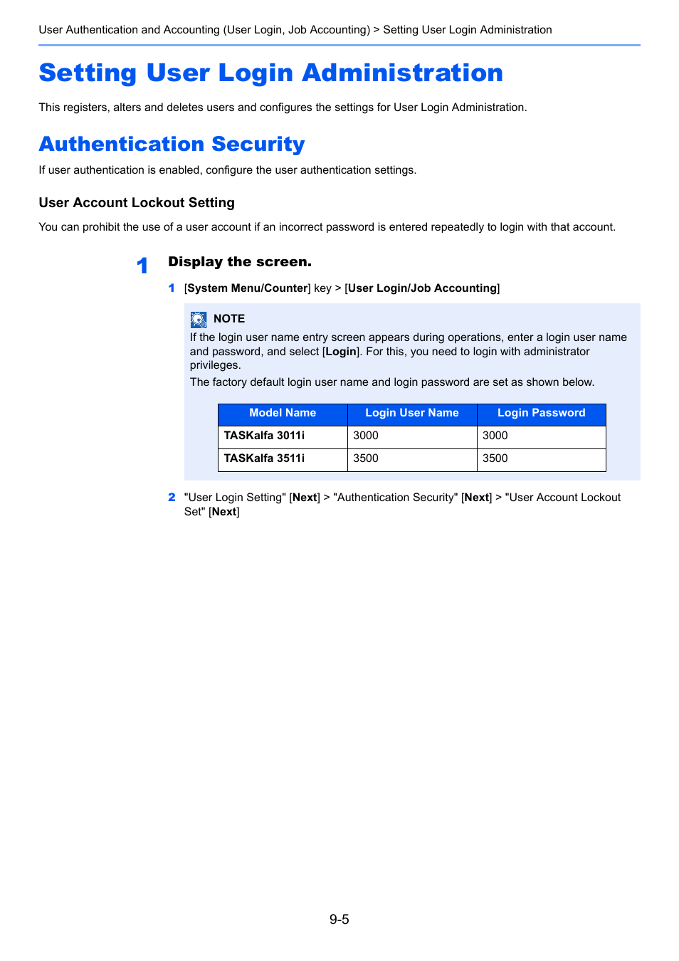 Setting user login administration, Authentication security, Setting user login administration -5 | Authentication security -5 | Kyocera Taskalfa 3511i User Manual | Page 433 / 610