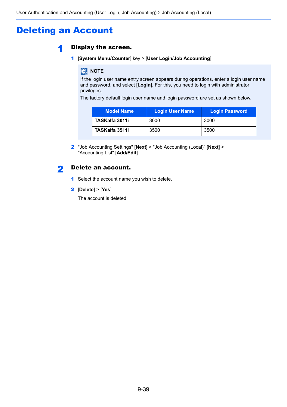 Deleting an account, Deleting an account -39 | Kyocera Taskalfa 3511i User Manual | Page 467 / 610