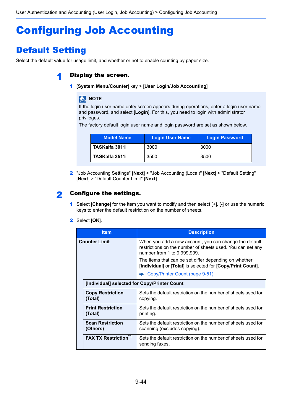 Configuring job accounting, Default setting, Configuring job accounting -44 | Default setting -44, Setting | Kyocera Taskalfa 3511i User Manual | Page 472 / 610