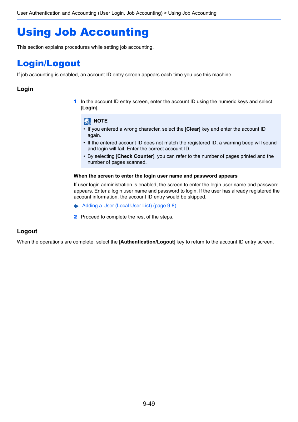 Using job accounting, Login/logout, Using job accounting -49 | Login/logout -49 | Kyocera Taskalfa 3511i User Manual | Page 477 / 610