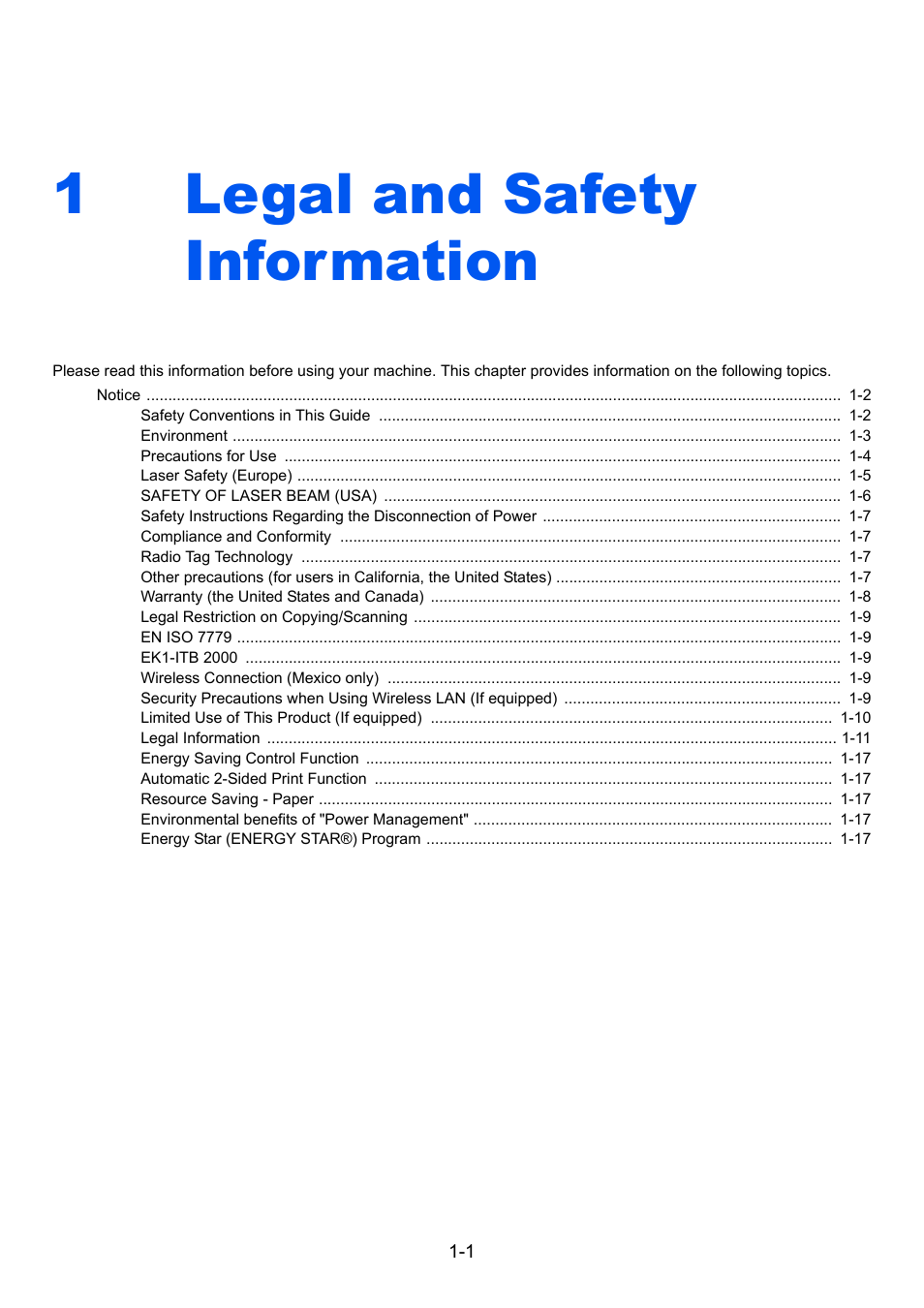 1 legal and safety information, Legal and safety information -1, Legal and safety information | 1legal and safety information | Kyocera Taskalfa 3511i User Manual | Page 49 / 610