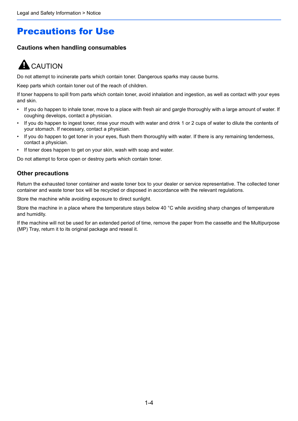 Precautions for use, Precautions for use -4, Caution | Kyocera Taskalfa 3511i User Manual | Page 52 / 610