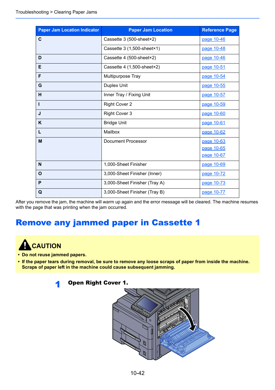 Remove any jammed paper in cassette 1, Remove any jammed paper in cassette 1 -42, Caution | Kyocera Taskalfa 3511i User Manual | Page 523 / 610