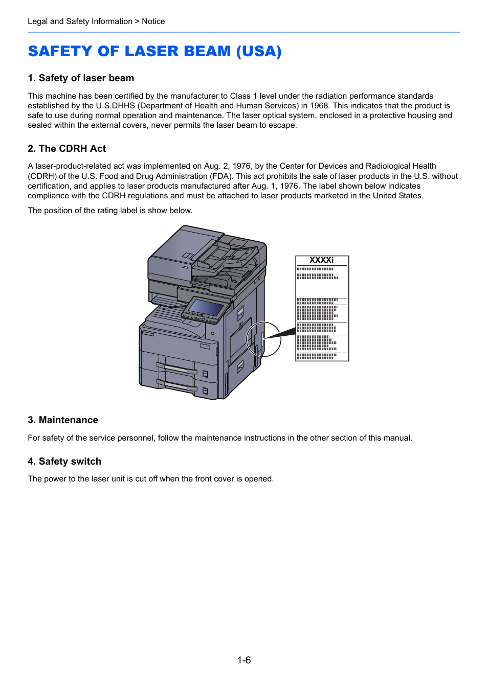 Safety of laser beam (usa), Safety of laser beam (usa) -6 | Kyocera Taskalfa 3511i User Manual | Page 54 / 610