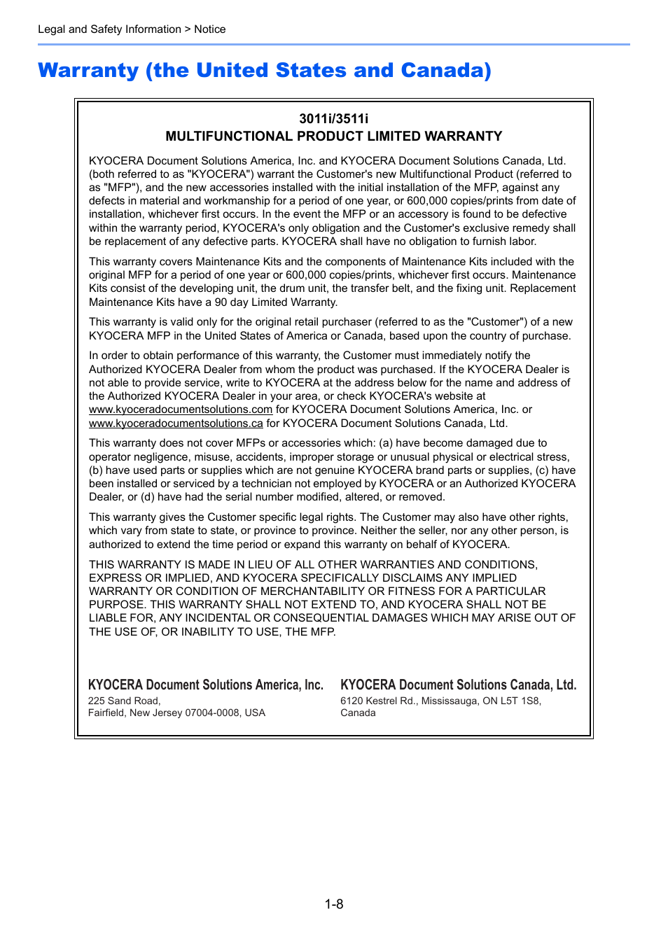 Warranty (the united states and canada), Warranty (the united states and canada) -8 | Kyocera Taskalfa 3511i User Manual | Page 56 / 610