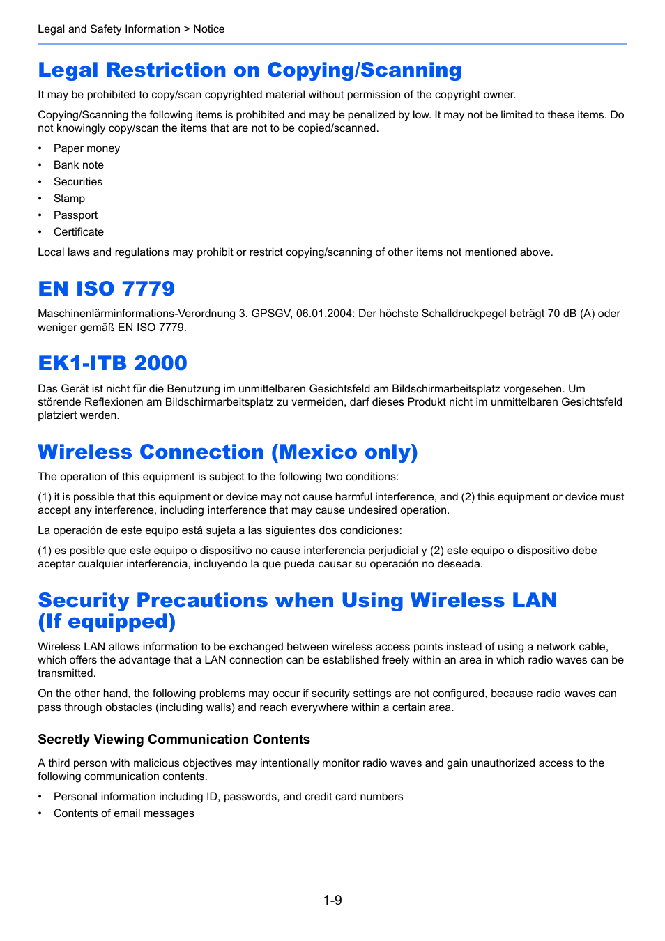 Legal restriction on copying/scanning, En iso 7779, Ek1-itb 2000 | Wireless connection (mexico only) | Kyocera Taskalfa 3511i User Manual | Page 57 / 610