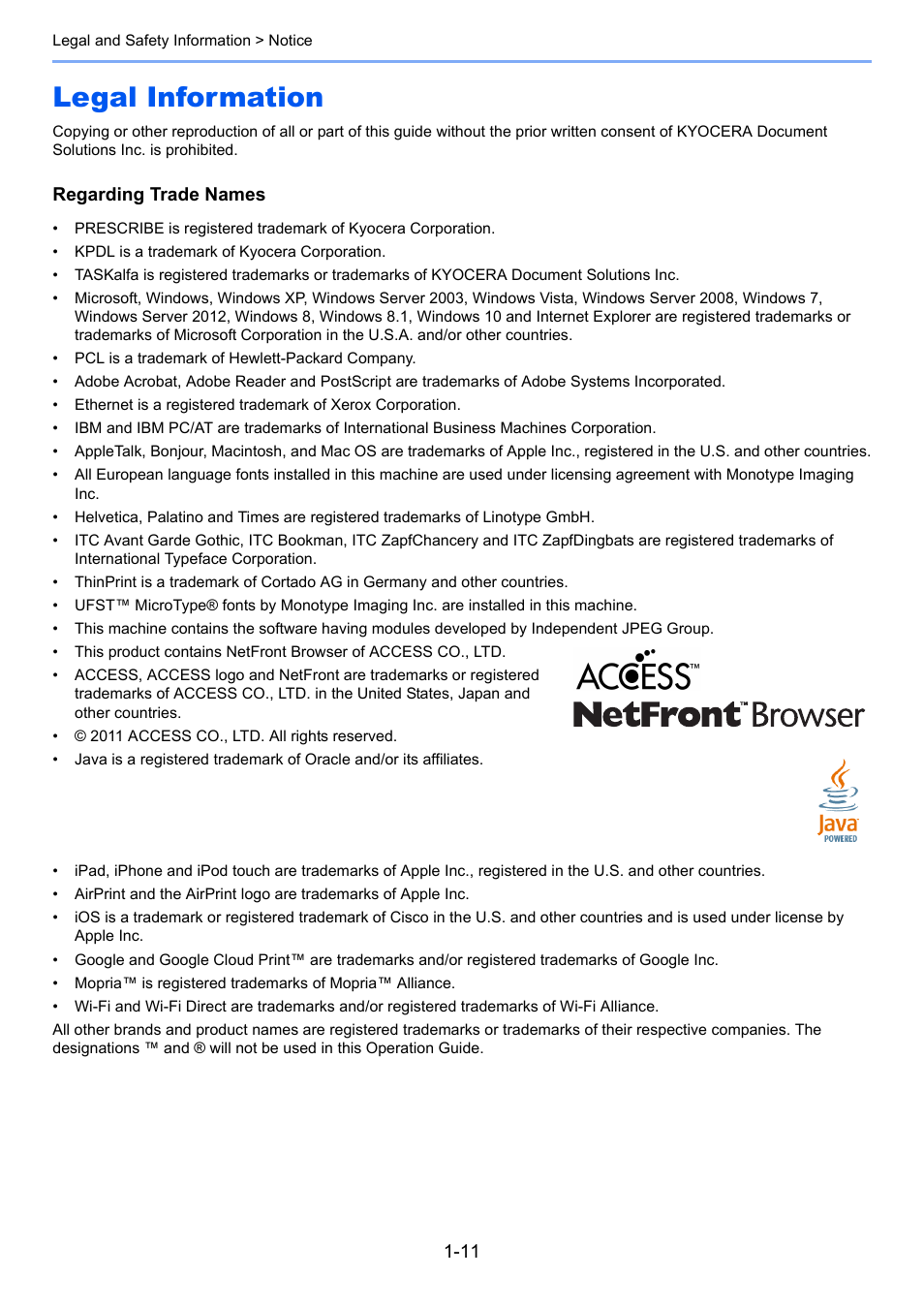 Legal information, Legal information -11 | Kyocera Taskalfa 3511i User Manual | Page 59 / 610