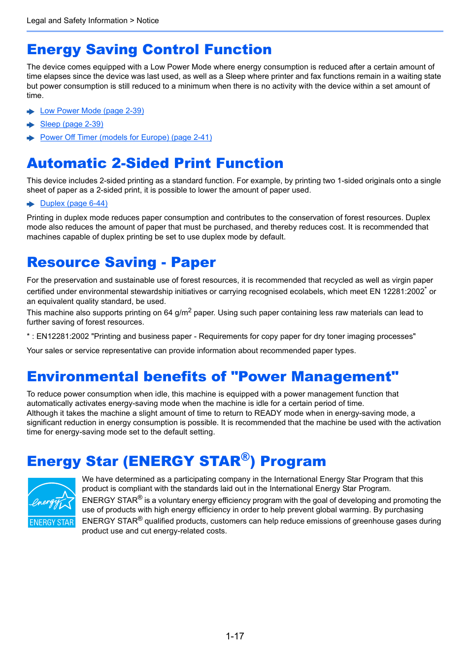 Energy saving control function, Automatic 2-sided print function, Resource saving - paper | Environmental benefits of "power management, Energy star (energy star®) program, Energy star (energy star, Program | Kyocera Taskalfa 3511i User Manual | Page 65 / 610