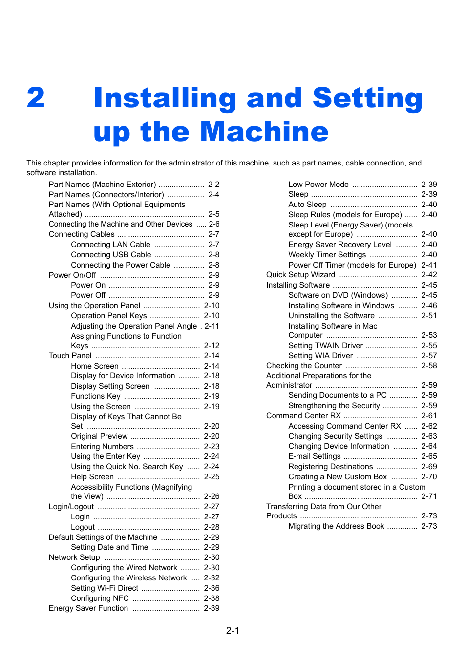 2 installing and setting up the machine, Installing and setting up the machine -1, Installing and setting up the machine | 2installing and setting up the machine | Kyocera Taskalfa 3511i User Manual | Page 66 / 610