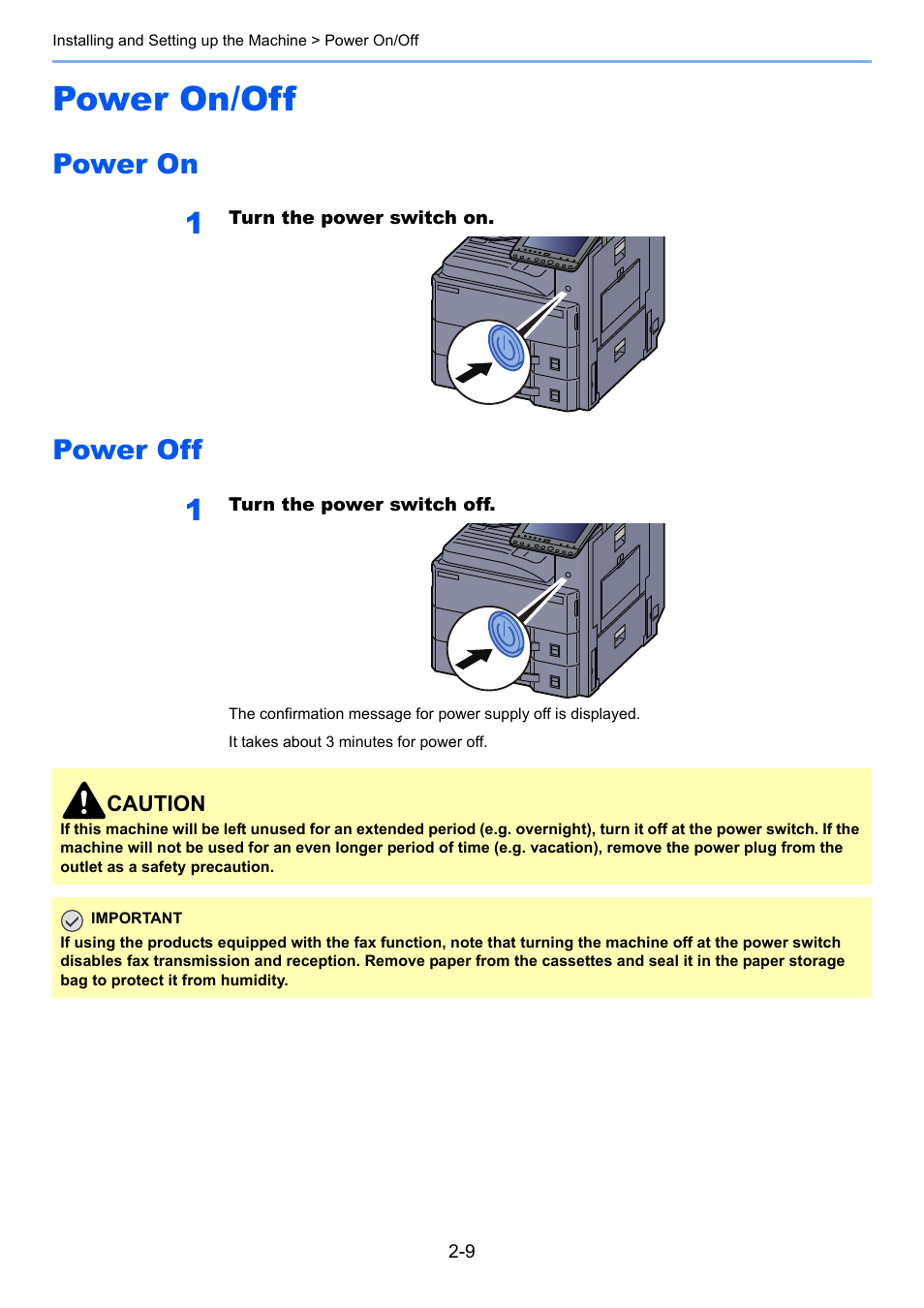 Power on/off, Power on, Power off | Power on/off -9, Power on -9 power off -9 | Kyocera Taskalfa 3511i User Manual | Page 74 / 610