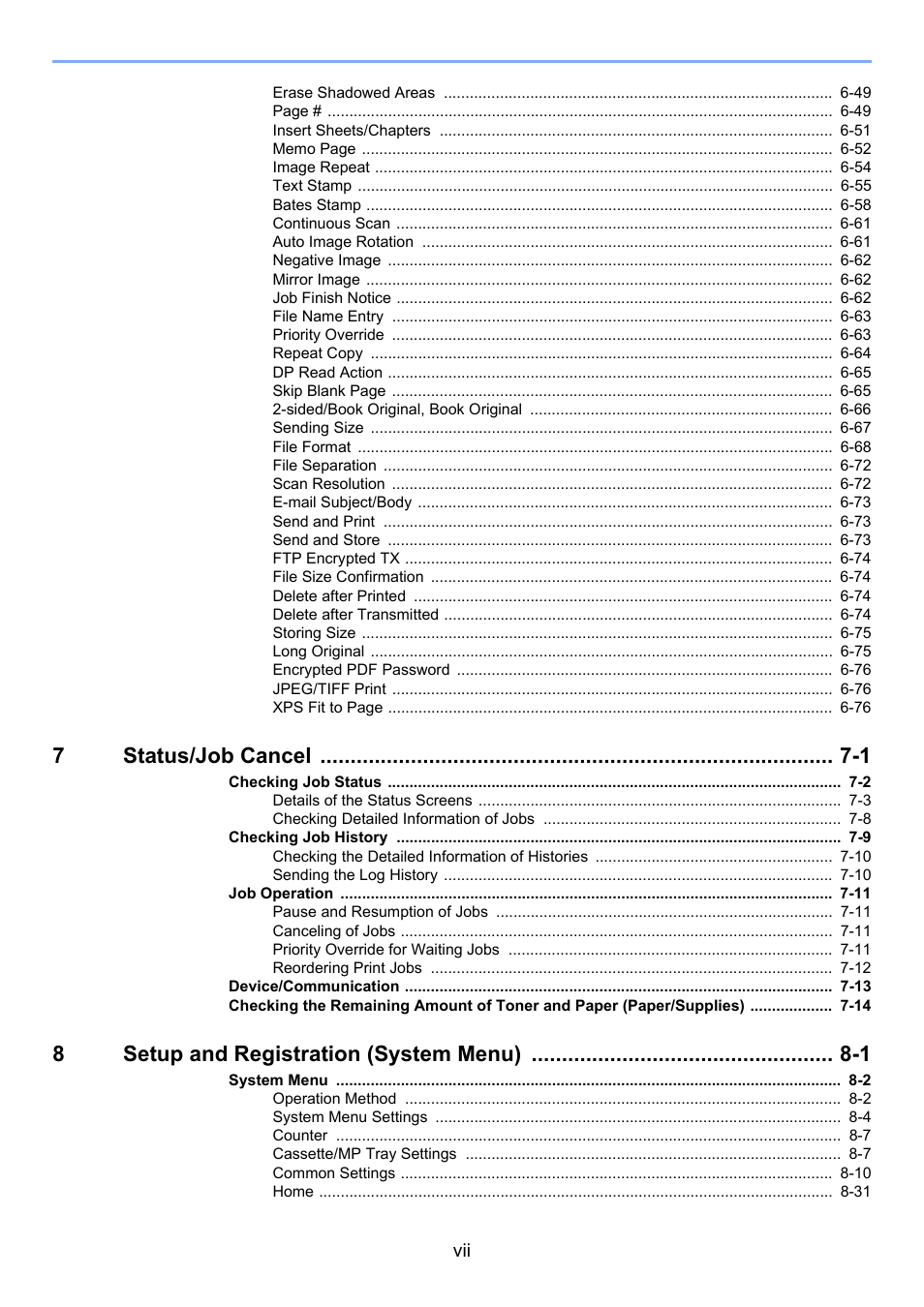 7status/job cancel -1, 8setup and registration (system menu) -1 | Kyocera Taskalfa 3511i User Manual | Page 8 / 610