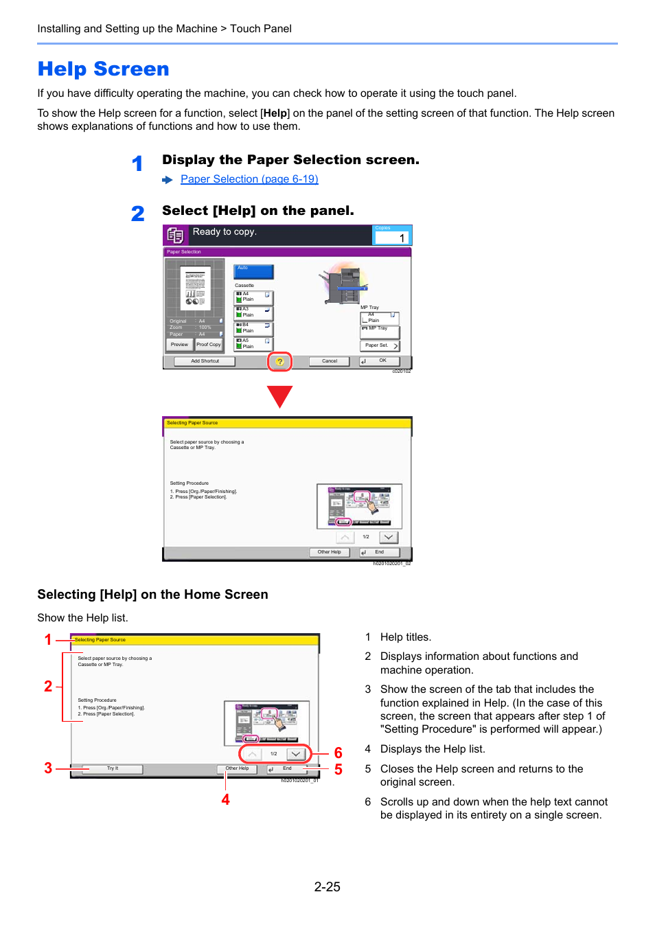 Help screen, Help screen -25, Display the paper selection screen | Kyocera Taskalfa 3511i User Manual | Page 90 / 610