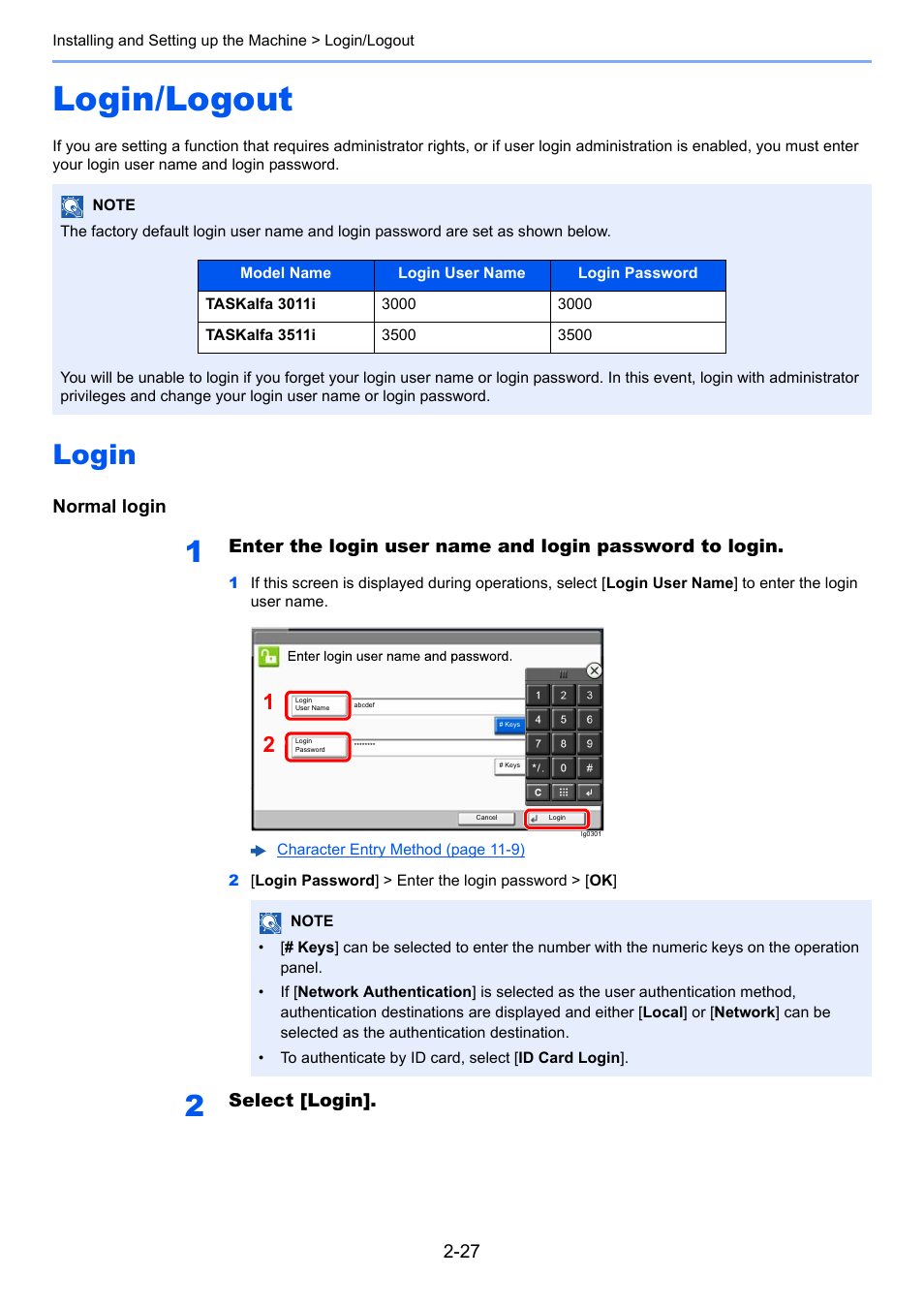 Login/logout, Login, Login/logout -27 | Login -27, Normal login, Select [login | Kyocera Taskalfa 3511i User Manual | Page 92 / 610