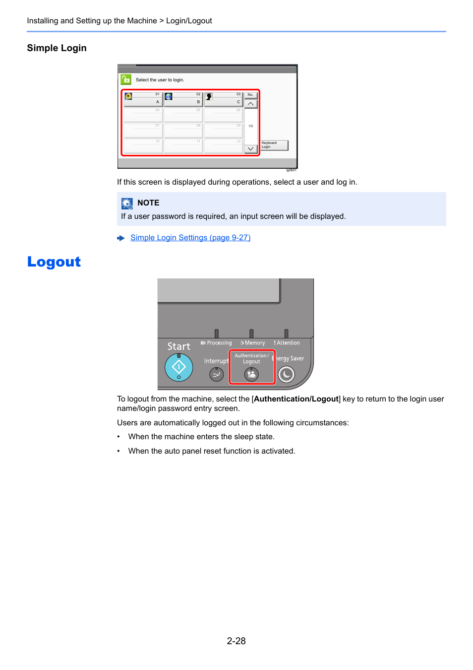 Logout, Logout -28, Simple login | Kyocera Taskalfa 3511i User Manual | Page 93 / 610