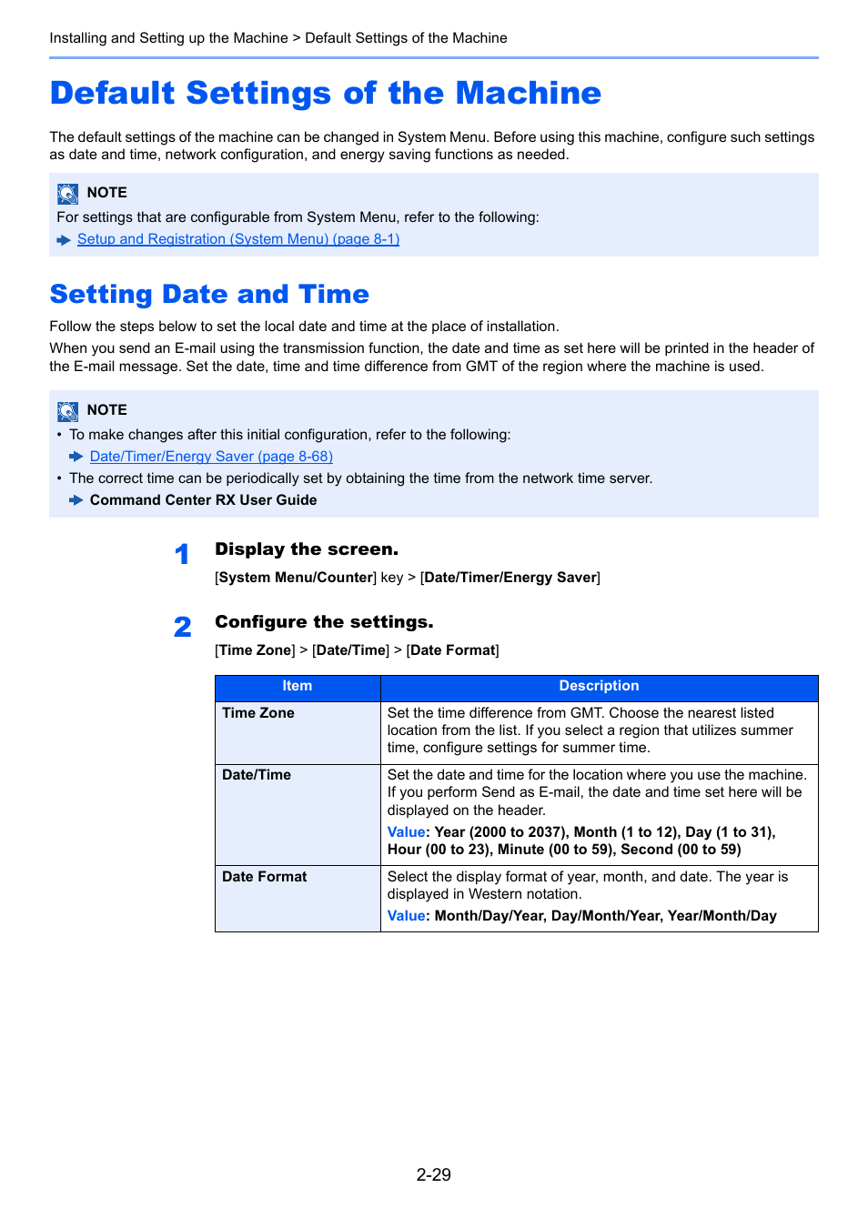 Default settings of the machine, Setting date and time, Default settings of the machine -29 | Setting date and time -29 | Kyocera Taskalfa 3511i User Manual | Page 94 / 610