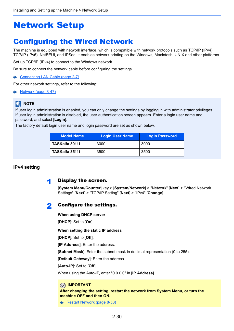 Network setup, Configuring the wired network, Network setup -30 | Configuring the wired network -30 | Kyocera Taskalfa 3511i User Manual | Page 95 / 610