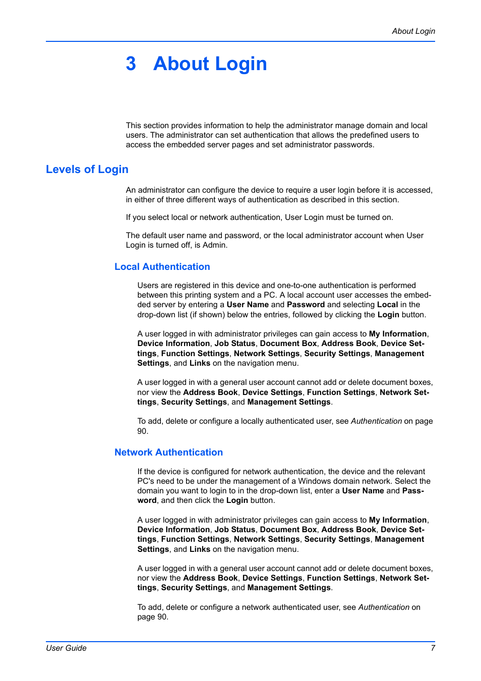3 about login, Levels of login | Kyocera Command Center RX User Manual | Page 11 / 118