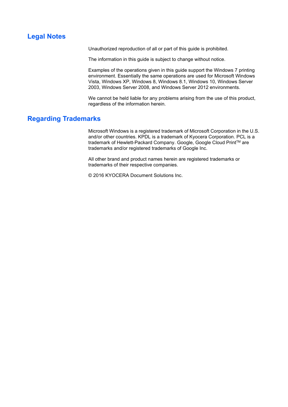 Legal notes, Regarding trademarks | Kyocera Command Center RX User Manual | Page 2 / 118