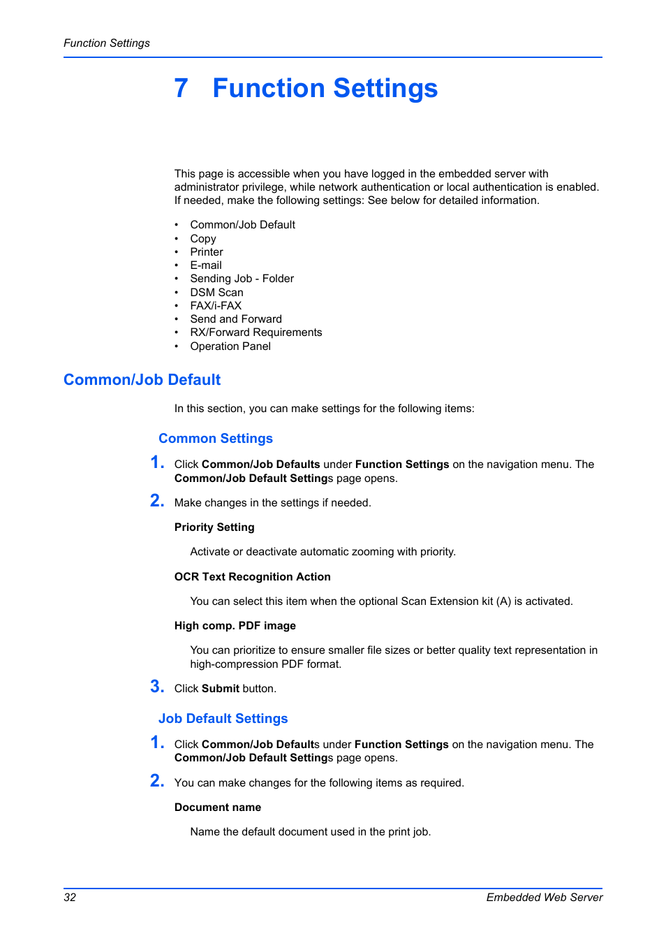 7 function settings, Common/job default | Kyocera Command Center RX User Manual | Page 36 / 118