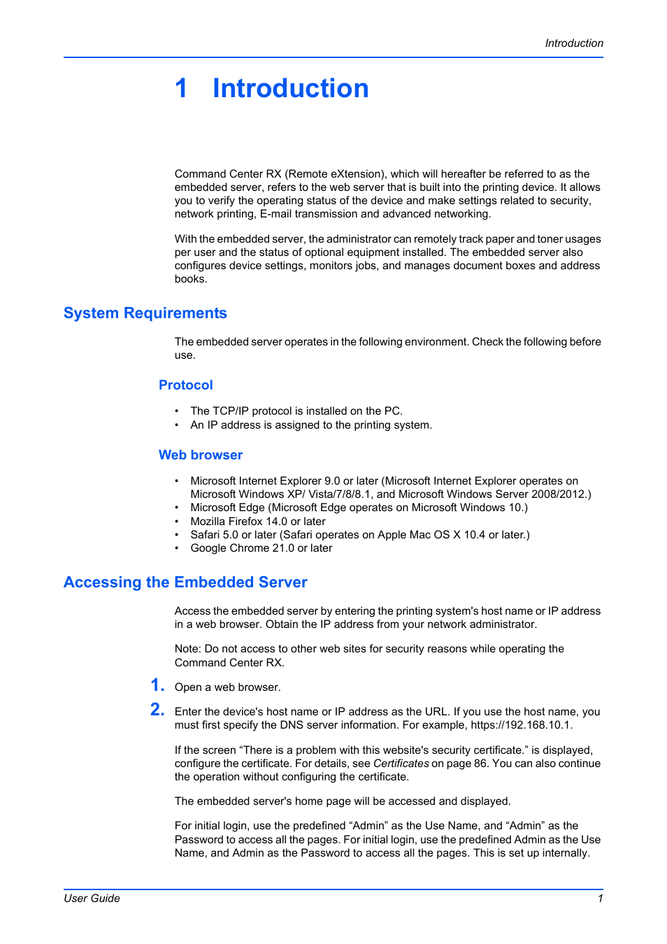 1 introduction, System requirements, Accessing the embedded server | Kyocera Command Center RX User Manual | Page 5 / 118