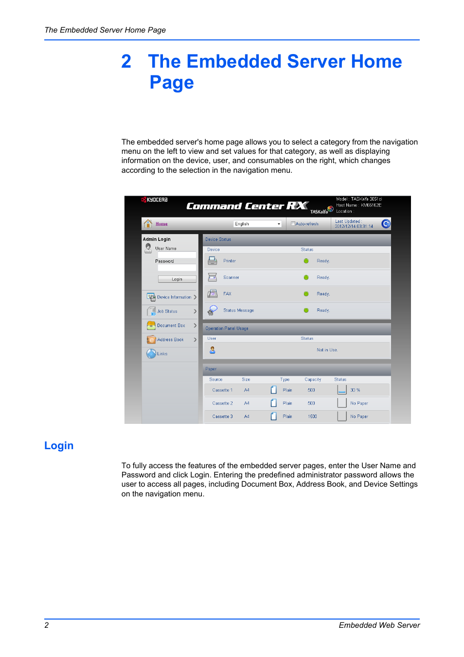 Login, 2 the embedded server home page | Kyocera Command Center RX User Manual | Page 6 / 118