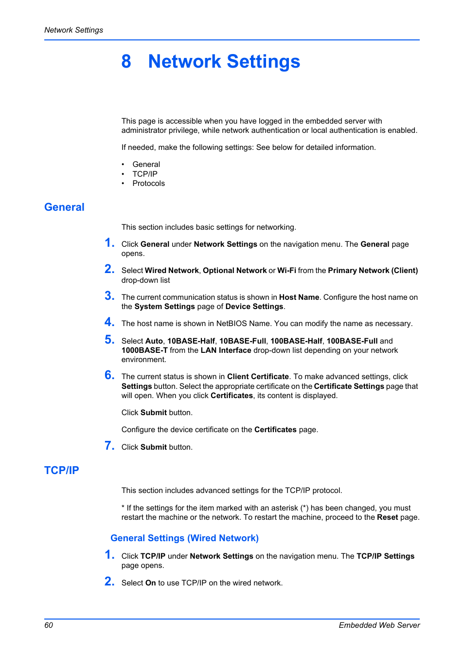 8 network settings, General, Tcp/ip | Kyocera Command Center RX User Manual | Page 64 / 118
