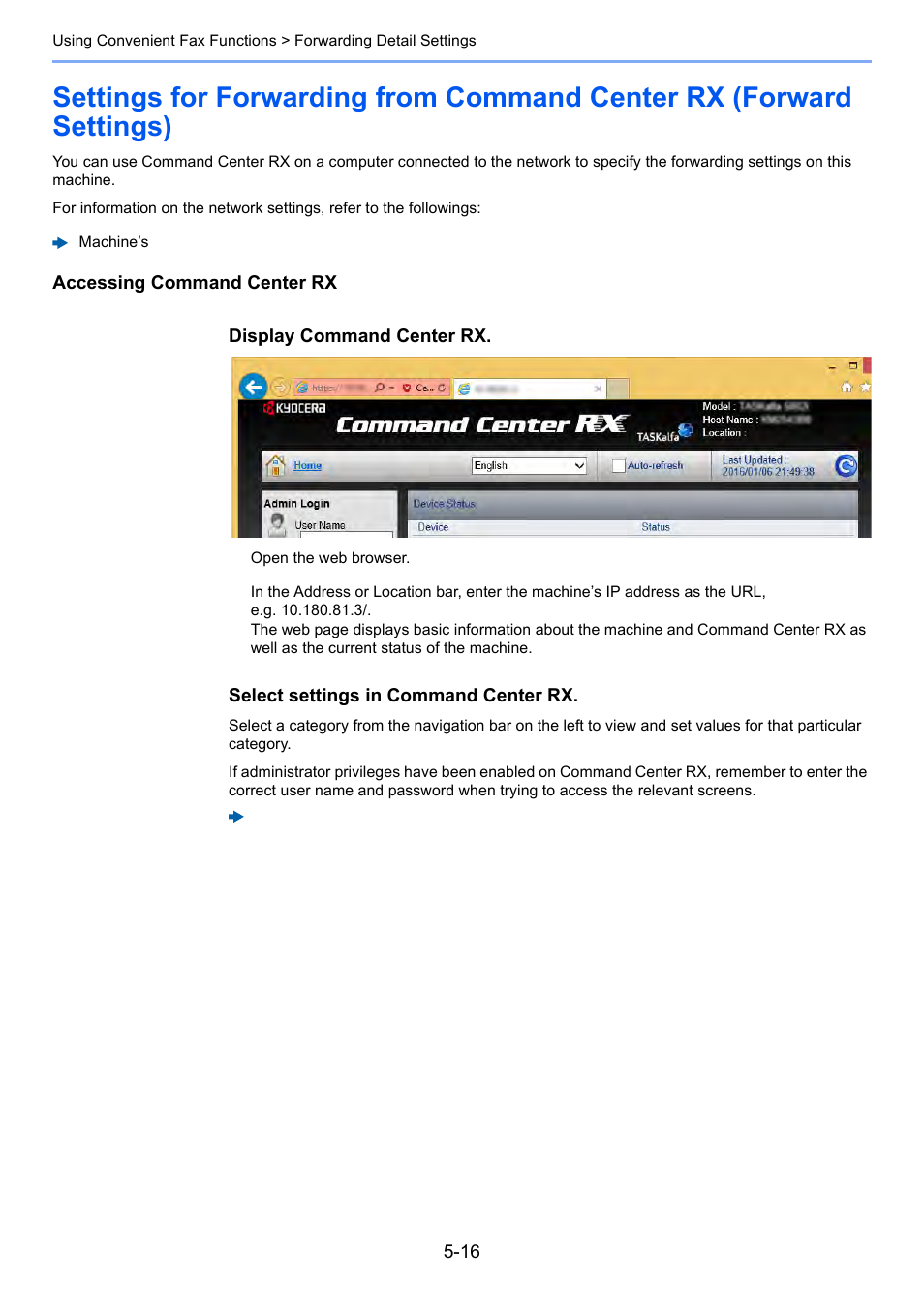Settings for forwarding from command, Center rx (forward settings) -16 | Kyocera FAX System 12 User Manual | Page 104 / 258
