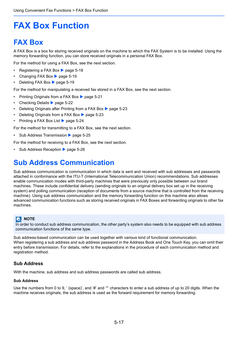 Fax box function, Fax box, Sub address communication | Fax box function -17, Fax box -17 sub address communication -17 | Kyocera FAX System 12 User Manual | Page 105 / 258