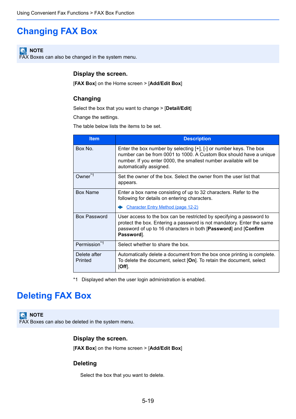 Changing fax box, Deleting fax box, Changing fax box -19 deleting fax box -19 | Kyocera FAX System 12 User Manual | Page 107 / 258